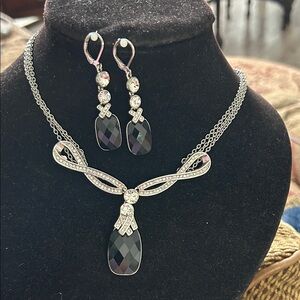 Crystal Accent Black Teardrop Necklace & Earrings Set 18”